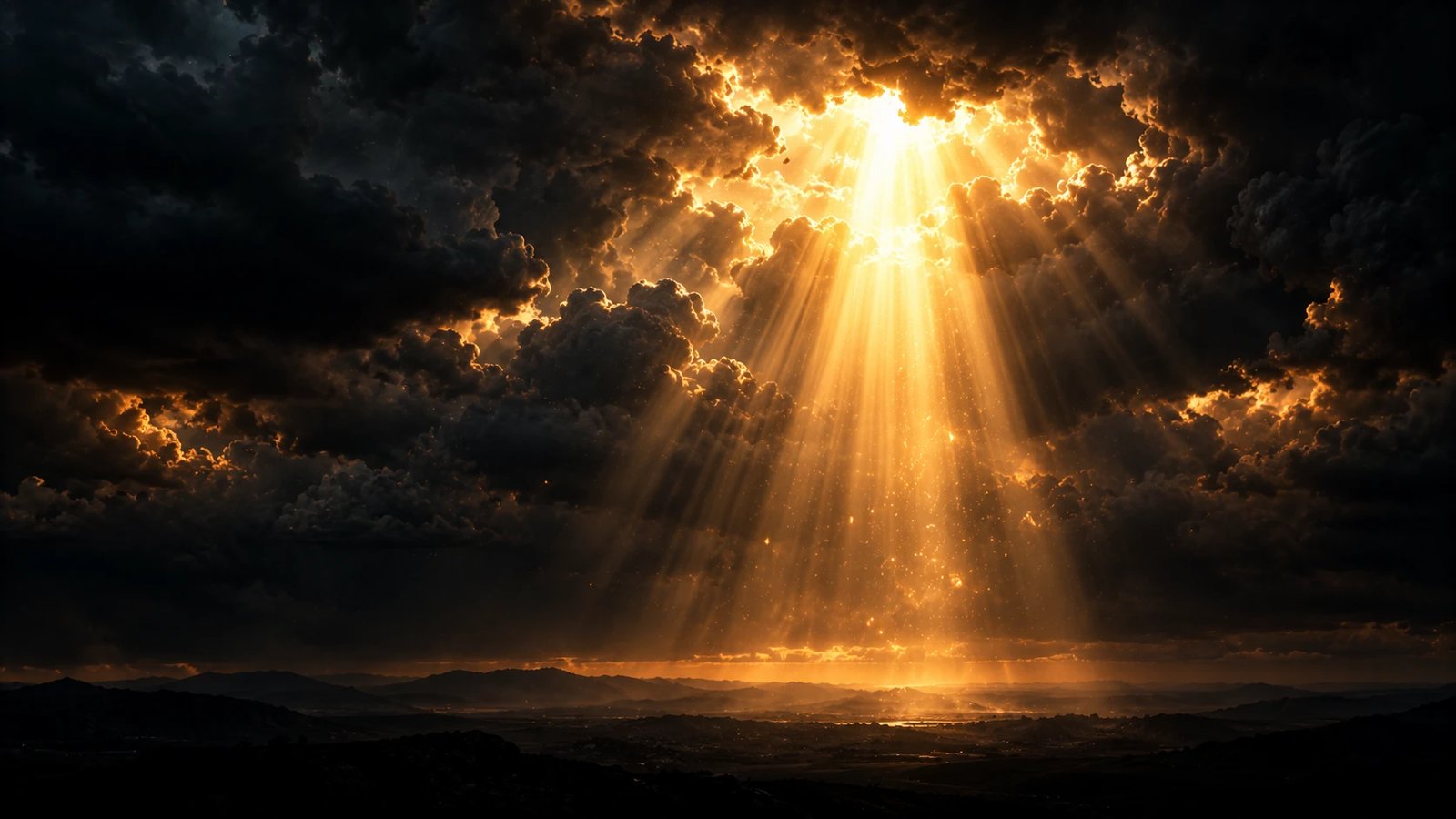 A shaft of golden light breaks through dark storm clouds and pours down onto a shadowed valley, like a message sent from heaven.