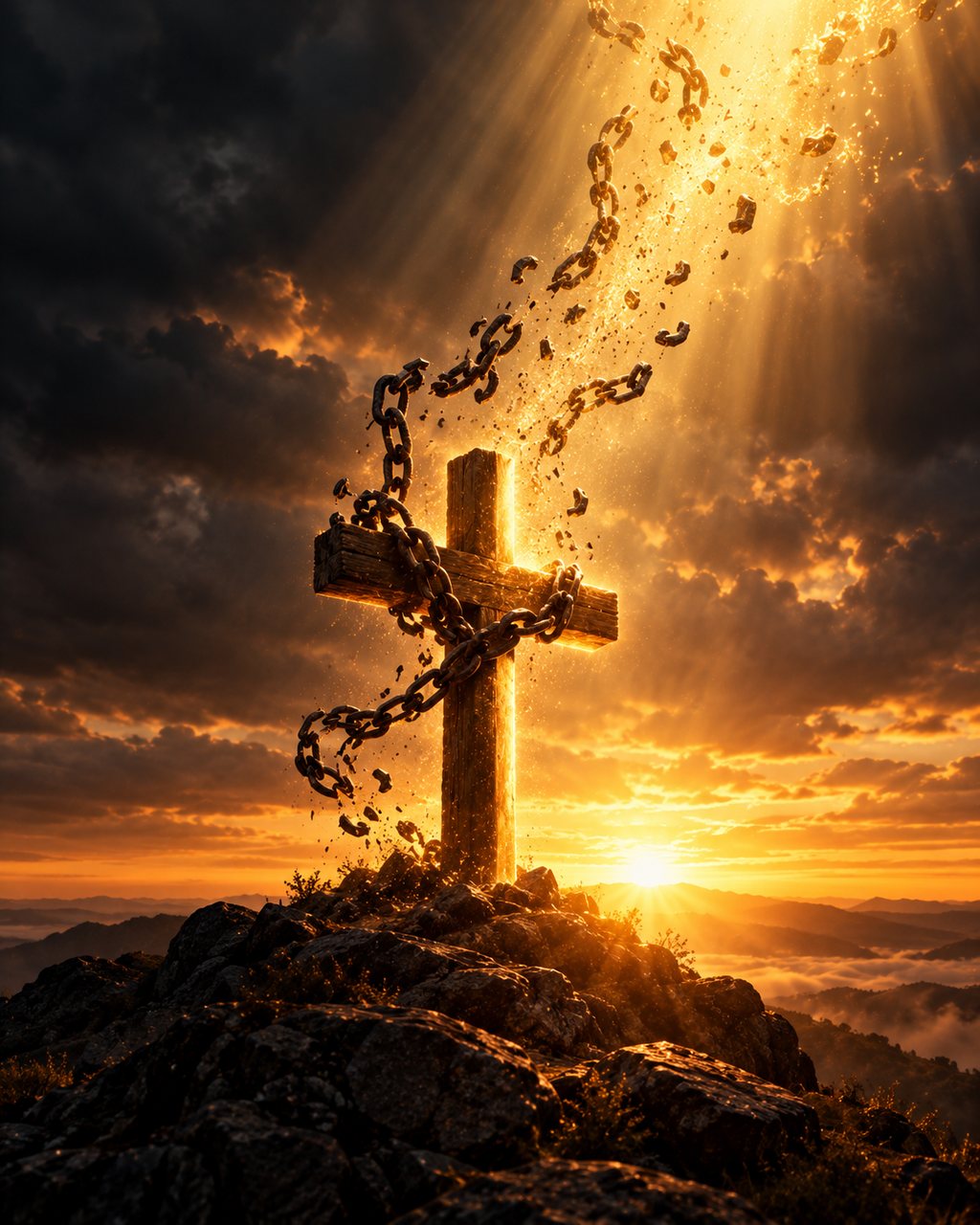 The chains lift up off the cross and dissolve into golden light.